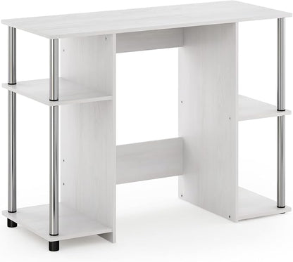 Furinno JAYA Desk, 38.4" Wide Gaming Desk, Computer Study Desk, Office Desk with Side Shelves, Open Storage, for Home Office, Bedroom, Dorm, Study Room, White Oak/Stainless Steel