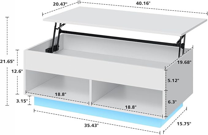 HOMMPA 40" Modern LED Coffee Table with Storage for Living Room, Lift Top Coffee Table with 2 Shelves, High Glossy Wooden Dining Table, Multifunctional Furniture for Bedroom/Home Office, White