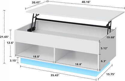 HOMMPA 40" Modern LED Coffee Table with Storage for Living Room, Lift Top Coffee Table with 2 Shelves, High Glossy Wooden Dining Table, Multifunctional Furniture for Bedroom/Home Office, White