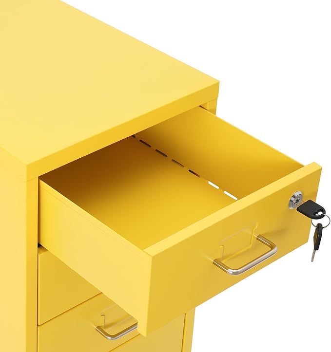 Vertical File Cabinet, 6 Drawers Rolling File Organizer Cabinets with Lock, Heavy Duty Metal Storage Cabinet, Movable Under Desk Filing Cabinet for Office, Study, Dresser (Yellow)
