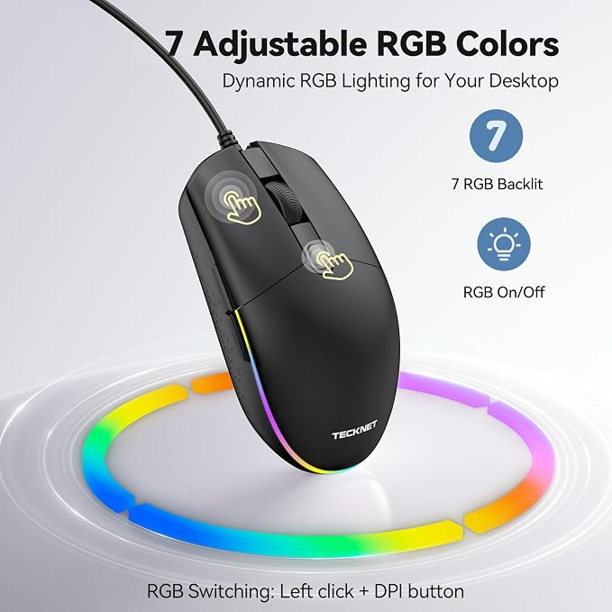TECKNET Wired Mouse - USB Corded Mouse with RGB Backlit Full Size Optical Silent Mouse with Side Buttons,LED Plug and Play Wired Connection Office Mice for Desktop,PC,Laptop