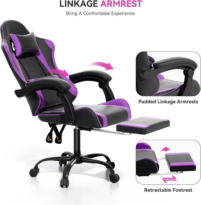 Gaming Chair, Ergonomic Computer Chairs with Arms, Lumbar Support, Footrest, Headrest 360°Swivel Chair, Adjustable Back and Height, Leather PC Chairs for Gaming, Study, Office, Black/Purple