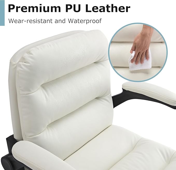 VECELO Ergonomic Swivel Office Desk Chair with Flip-up Armrest and Adjustable Height, Lumbar Support & PU Leather Thickened Cushion, for Computer Task Work, White