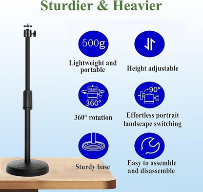 Webcam Stand with Phone Holder, Adjustable Height Desk Camera Mount for Logitech C920 C922 C925e C930e, 1/4" Threaded Desktop Tripod Stand for Live Streaming, Video Conferencing, Online Classes