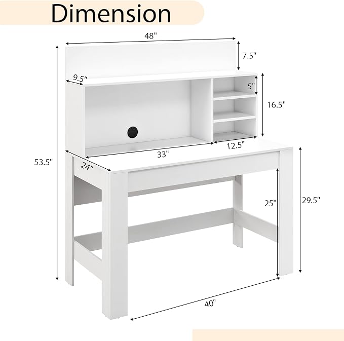 GOFLAME Computer Desk with Hutch, Wooden Writing Desk with Anti-Toppling Device, Cable Management Hole, Modern Home Office Workstation PC Laptop Table for Small Space, White