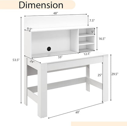GOFLAME Computer Desk with Hutch, Wooden Writing Desk with Anti-Toppling Device, Cable Management Hole, Modern Home Office Workstation PC Laptop Table for Small Space, White