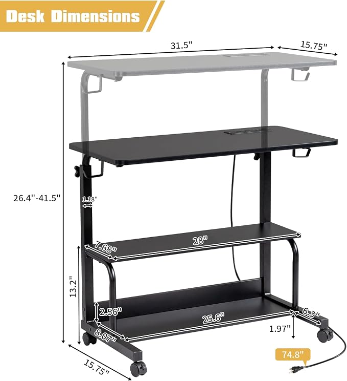 Karl home 31.5" Portable Rolling Desk on Wheels,Height Adjustable Standing Desk with 2 AC Outlets/3 USB Ports,Mobile Laptop Table with Hooks and Storage Shelves for Home Office，Black