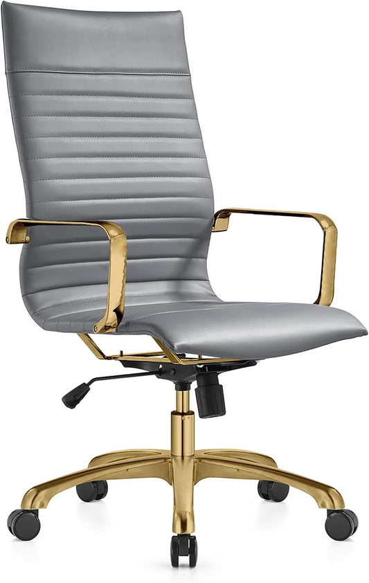 LeisureMod Harris High-Back Task Office Chair - Modern Leather Upholstery with Gold Frame, Ribbed Design 360 Degree Adjustable Swivel for Home, Office, and Study Room