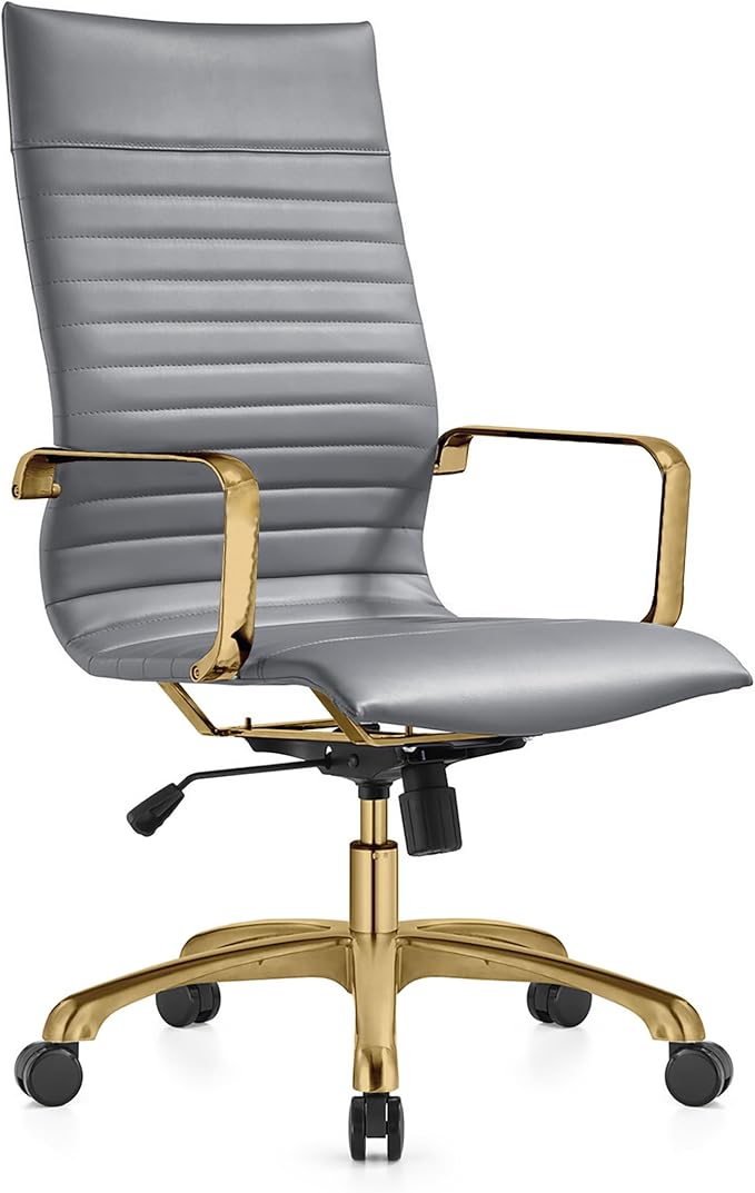 LeisureMod Harris High-Back Task Office Chair - Modern Leather Upholstery with Gold Frame, Ribbed Design 360 Degree Adjustable Swivel for Home, Office, and Study Room