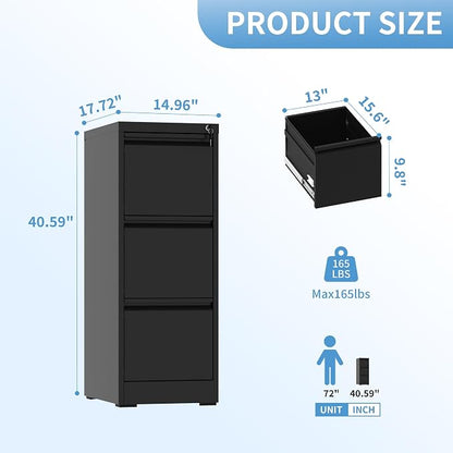 AQY 3 Drawer File Cabinet with Lock, Metal Filing Cabinets for Home Office, 18" Deep Vertical Storage Drawer for Hanging A4/Letter/Legal Size Files, Assembly Require