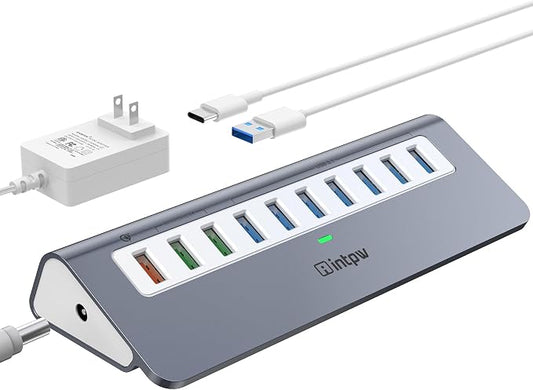 Powered USB Hub 10Gbps, 10 Port USB 3.2 Gen 2 Hub with 7 USB 3.2 Data Ports, 3 Fast Charging Ports, 36W Power Adapter, Type A and Type C Cable, Aluminum USB Hub for Laptop, Mac, PC