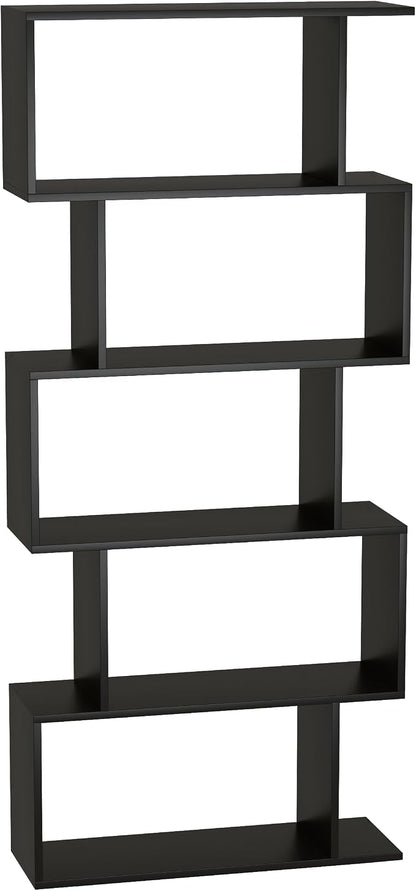 Yusong Bookshelf 5-Tier, Geometric Bookcase S Shaped Book Shelves for Bedroom, Modern Wood Decorative Display Shelf Book Case for Home Office, Black