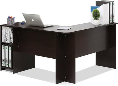 Furinno Indo L-Shaped Computer Desk with Bookshelf, Espresso