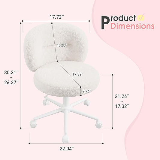 Homkdom Cute Vanity Chair with Wheels Comfy Desk Chair with Back Height Adjustable & 360° Swivel for Makeup, Study, or Light Office Work, White