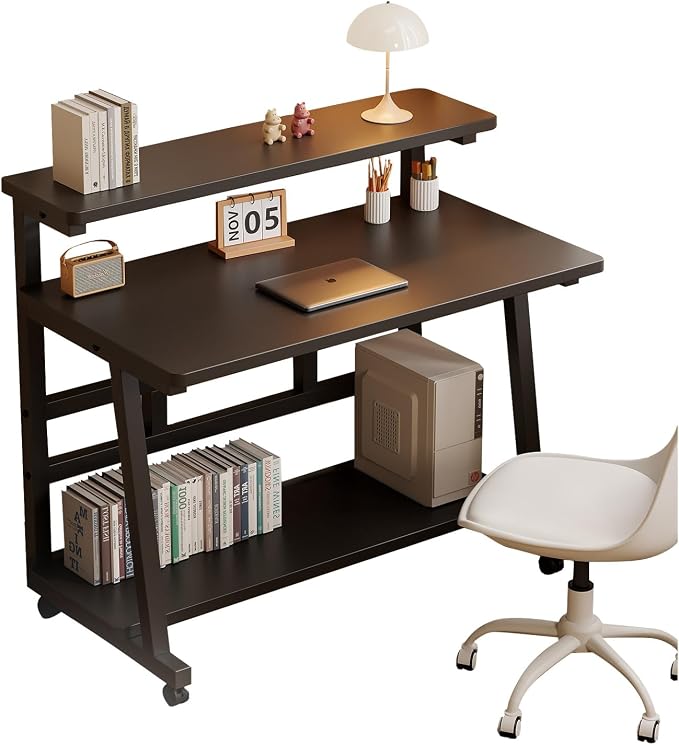 31.5 Inch Rolling Computer Desk for Small Spaces, Monitor Stand & 3-Tier Storage with Lockable Wheels, Easy Assembly for Bedroom, Dorm & Apartment