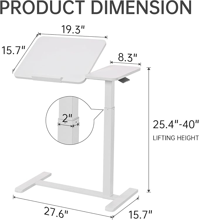 Adjustable Tilt Overbed Table with Hidden Wheels, Mobile Standing Laptop Desk, Portable Pneumatic Computer Cart, Rolling Medical Bed Side Table for Hospital and Home Use, White