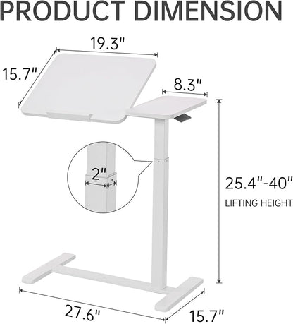 Adjustable Tilt Overbed Table with Hidden Wheels, Mobile Standing Laptop Desk, Portable Pneumatic Computer Cart, Rolling Medical Bed Side Table for Hospital and Home Use, White