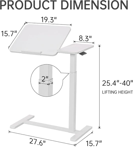 Adjustable Tilt Overbed Table with Hidden Wheels, Mobile Standing Laptop Desk, Portable Pneumatic Computer Cart, Rolling Medical Bed Side Table for Hospital and Home Use, White
