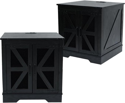Farmhouse End Table Set of 2 with Charging Station, Living Room Tables with Hidden Storage, Wood Square Sofa Bedside Tables, Night Stand with Power Outlet and Door, Black