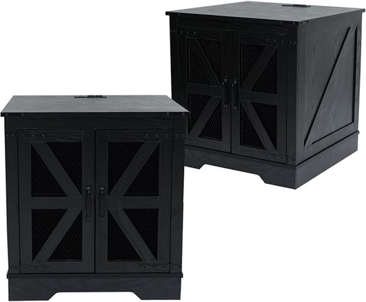 Farmhouse End Table Set of 2 with Charging Station, Living Room Tables with Hidden Storage, Wood Square Sofa Bedside Tables, Night Stand with Power Outlet and Door, Black
