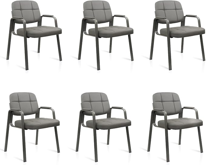CLLATINA Waiting Room Chairs with Padded Arms Leather Guest Chair no Wheels for Office Reception and Conference Desk Gery, 6PK