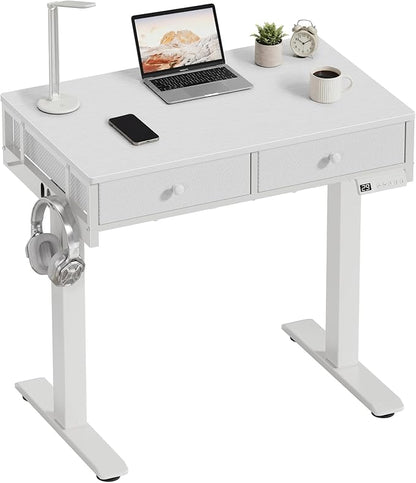 White Electric Standing Desk with Drawers, 32 Inch Small Adjustable Desk with Storage, Stand Up Computer Study Writing Desks for Small Space Home Office Bedroom, Sit Stand Work Desks for Walking Pad