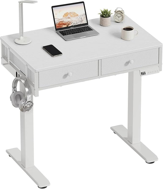 White Electric Standing Desk with Drawers, 32 Inch Small Adjustable Desk with Storage, Stand Up Computer Study Writing Desks for Small Space Home Office Bedroom, Sit Stand Work Desks for Walking Pad