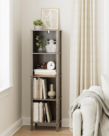 Bookshelf, Modern 4-Tier Bookcase, Open Storage Book Shelf, 11 × 14.2 × 50.4 Inches, Small Narrow Bookshelves for Living Room, Home Office, Bedroom, Gray