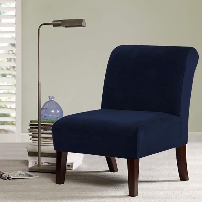 H.VERSAILTEX Armless Accent Chair Covers Thick Velvet Armless Chair Slipcovers High Stretch Chair Covers for Living Room Hotel Machine Washable Furniture Protector with Elastic Bottom, Navy
