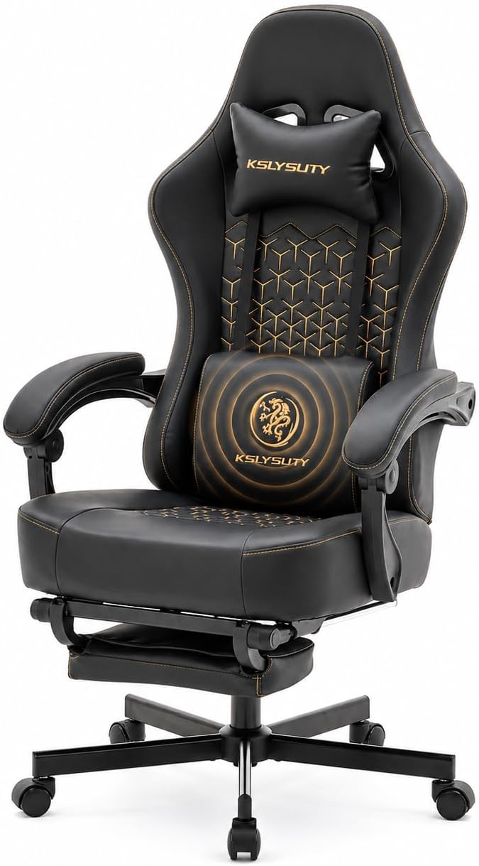 Office Desk Computer Gaming Chair for Adults, Ergonomic High Back Gamer Chair with Massage and Pocket Spring Cushion, Swivel Comfy Video Game Chairs with Footrest and Lumbar Support (Pro Black)