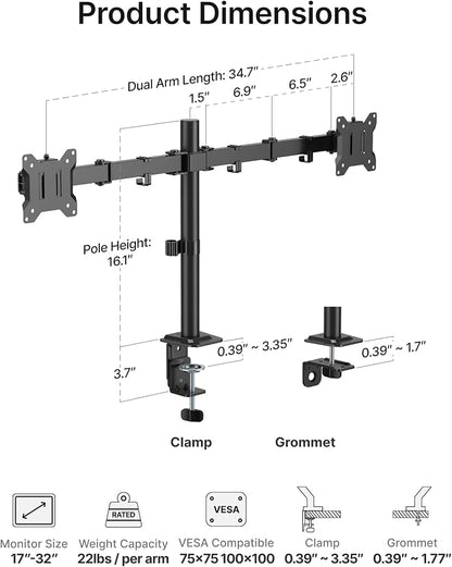 monTEK Heavy Duty Dual Monitor Stand for 17 to 32 Inch Screens, Adjustable Desk Mount Supports 22 lbs Each, Clamp and Grommet Base, VESA 75x75/100x100