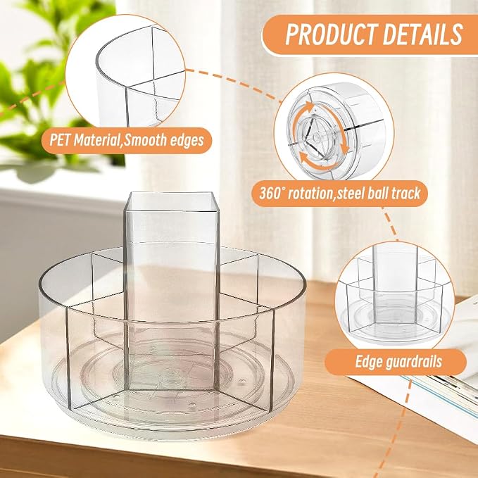 HONUTIGE Acrylic Desk Organizer Clear, 360 Degree Rotating Pen Organizer Large Pen Holder with Mini Paper Clips Stationery Supplies Marker Holder Art Supply Storage Organizer 5 Compartments