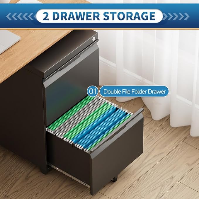 2 Drawer File Cabinet with Lock,Under Desk Storage Metal Filing Cabinet for Legal/Letter/A4 File,Mobile Rolling for Home Office -Black