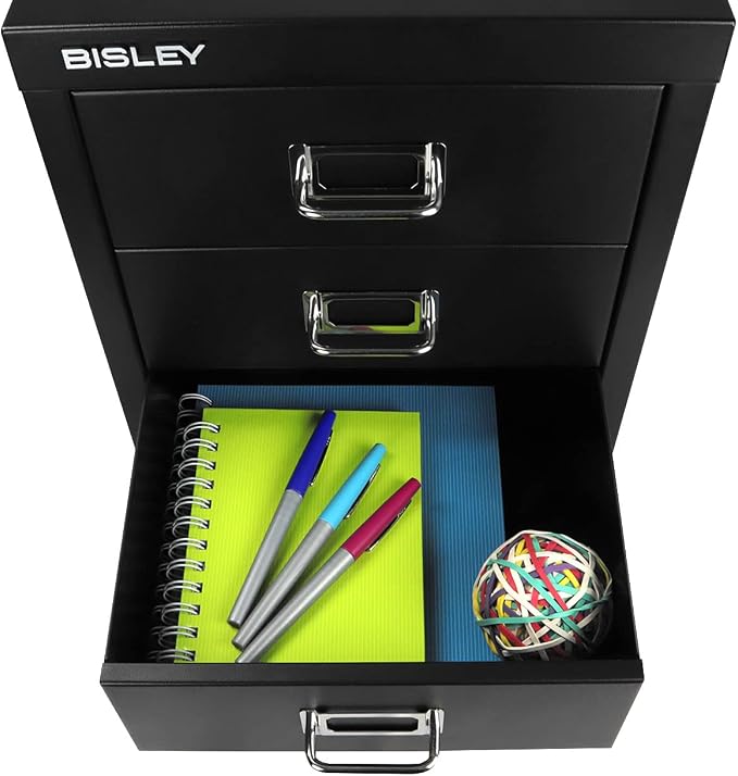 Bisley 3-Drawer Steel MultiDrawer Cabinet - Black | Chrome Pull Handles with Label Holders, Powder-Coated Steel, Removable Drawers, Desktop Storage, Labels Included