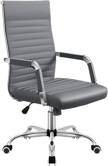 Shahoo Ribbed Office Chair, Mid-Back PU Leather Office Chair Executive Task Chair with 360° Swivel Wheels for Conference Room, Home Offices (Grey)