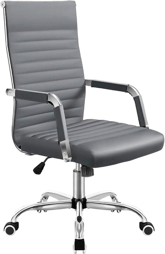 Shahoo Ribbed Office Chair, Mid-Back PU Leather Office Chair Executive Task Chair with 360° Swivel Wheels for Conference Room, Home Offices (Grey)