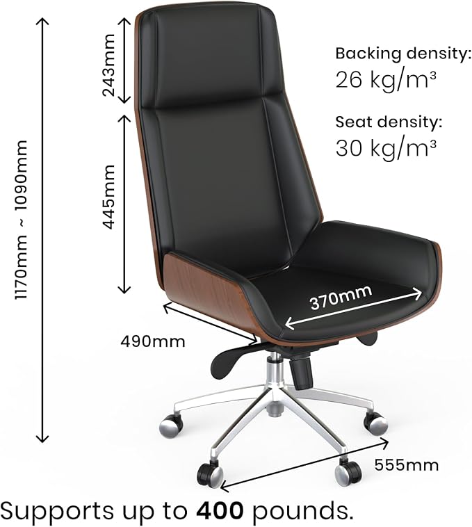 FOH Luxury Wooden Swivel and Adjustable Executive Chair, Wide Pu Leather Office Chair, Modern and Vintage Design High Back Computer Desk Chair for Conference Rooms and Home Offices (Black)