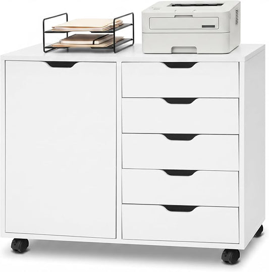 Giantex 5-Drawer File Cabinet with Wheels, Wooden Rolling Lateral Filing Cabinet with Door and Adjustable Shelf, Chest of Drawers, Mobile Printer Stand Organizer for Home Office and Bedroom (White)