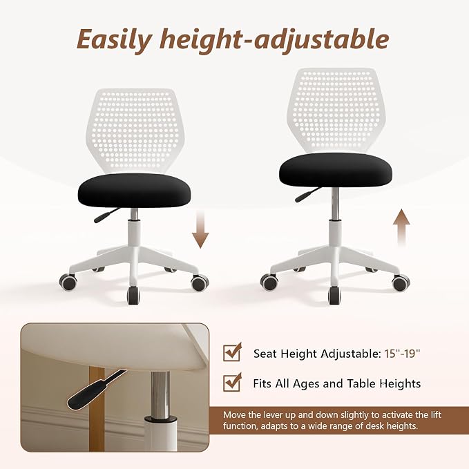 Small Office Chair with Wheels, Armless Desk Chair Height Adjustable Swivel Rolling Task Chair Breathable Mesh Ergonomic Computer Work Chair for Adult, Black and White