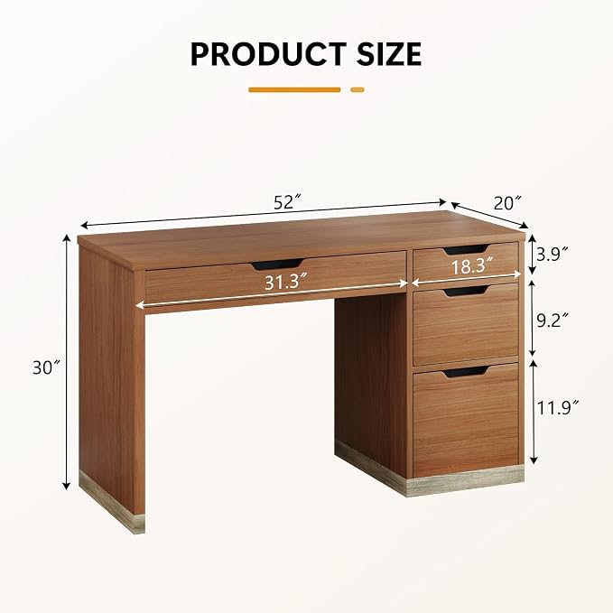 MaverickFurni 52 Inch Desk with 4 Drawers, Small Computer Desk for Small Space, Home Office Desk with Storage File Drawer for Bedroom, Brown