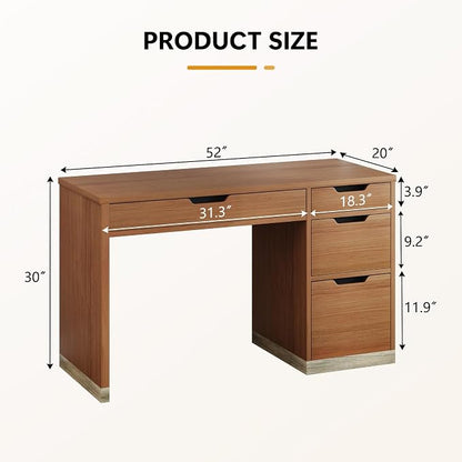 MaverickFurni 52 Inch Desk with 4 Drawers, Small Computer Desk for Small Space, Home Office Desk with Storage File Drawer for Bedroom, Brown