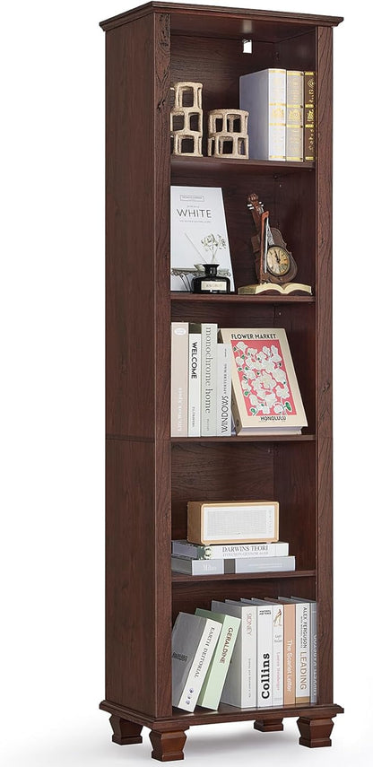 SAVOR LIFE Narrow Walnut Book Shelf, 70" Tall Skinny Bookshelf with Adjustable Shelves & Wooden Legs, Farmhouse Wood Bookcase w/5-Tier Open Storage, Free Standing Book Case for Office, Living Room