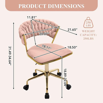 NIOIIKIT Home Office Chair, Velvet Upholstered Task Chair with Woven Open Back, 360° Swivel Desk Chair with Wheels, Adjustable Vanity Chair, Computer Chair for Office, Studio (Pink)