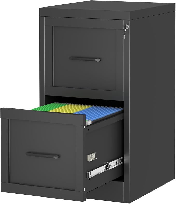 Small Metal 2-Drawer File Cabinet, Under-Desk Filing Cabinet, Black | Locking, Adjustable Hanging Rail, Fit A4, FC, Letter, Hanging File Folders for Home Office Storage Organization, 1PS