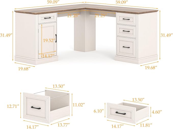 Vabches Farmhouse 59" L-Shaped Executive Desk with Drawers, Wood Home Office Corner Desk with File Drawer, Storage Cabinet, Rustic Computer Writing Desk for Home Office (Unique White)