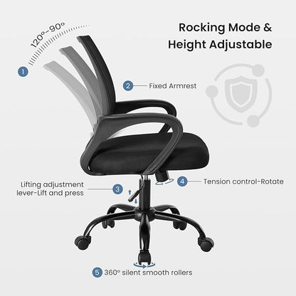 DUMOS Home Office Chair - Ergonomic Mid Back Mesh Desk Chair with Lumbar Support & Rocking Mode, Height Adjustable with Fixed Armrest, for Computer, Gaming, Meeting, 360° Swivel, Black, 2 Pack