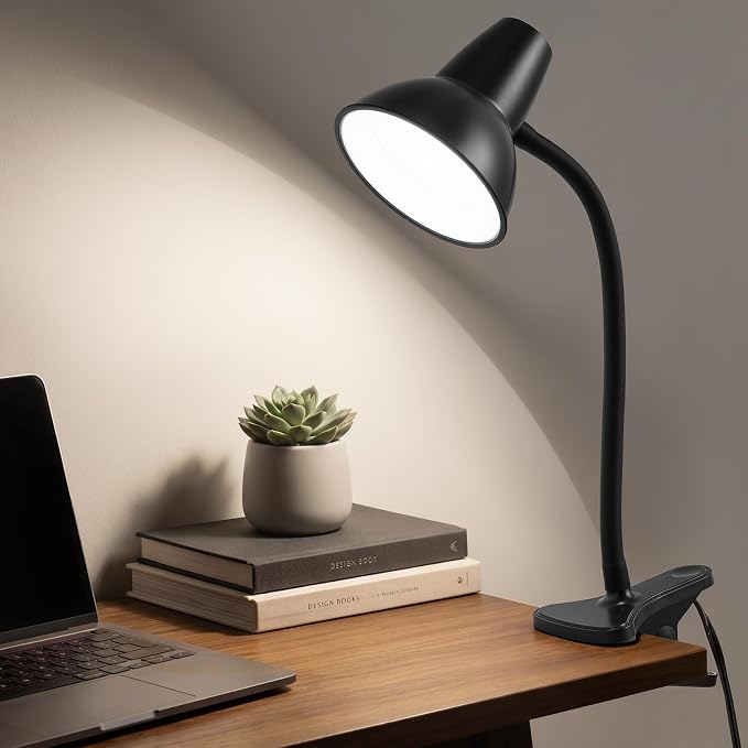 Clip On Led Desk Lamp, Flexible Gooseneck, Eye-Caring 4.5W Energy-Saving Study Lamps, Anti-tip Bedside Reading Light, Desk Lamps for College Dorm Room, Home Office, Modern Lamp with 1.6m Cord, Black