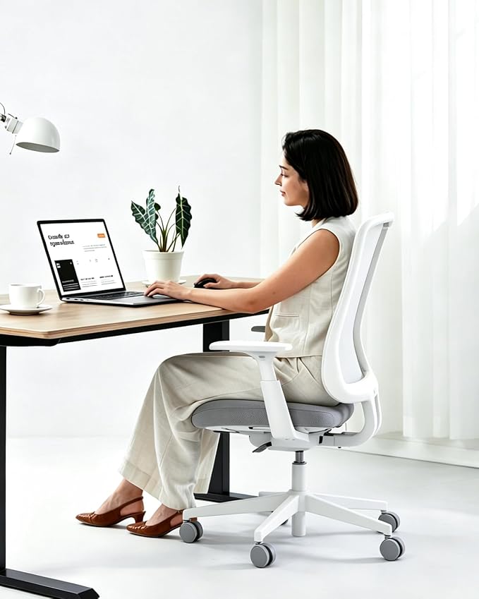 ProtoArc Ergonomic Office Chair – Flexer Mesh Couputer Chair for Women, Foam Sliding Seat, 125° Recline, Home Desk Chairs for Small Spaces, Stylish & Comfortable – White