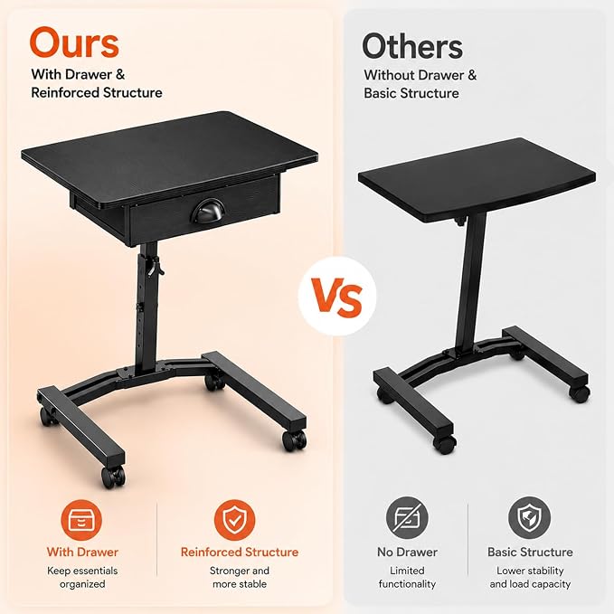 Rolling Adjustable Height Standing Desk With Drawers, Small Mobile Laptop Desk Cart On Wheels For Small Spaces Home Office, Portable Sitting Laptop Table For Bed Couch Load Up To 60LBS, Sturdy, Black