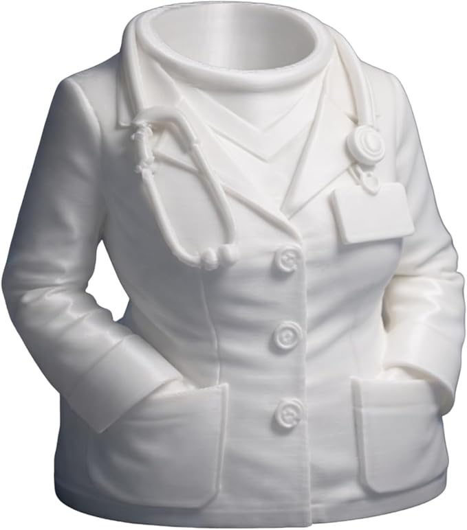 3D Printed Doctor Coat Pen Holder - Realistic Medical Desk Organizer with Stethoscope, White Doctor Sculpture Pen Cup for Office, Nurse, Medical Student Gift 4.8"x2.83"x4.72" (Female Doctor Style 2)